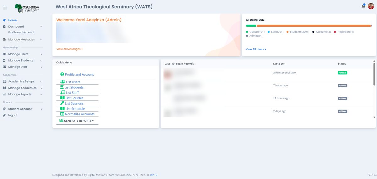 WATS administrator dashboard, personal data blurred