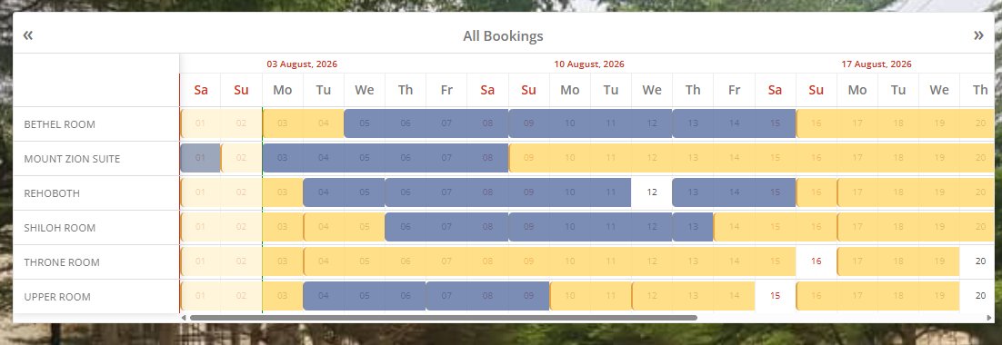Yeshua Haven public booking timeline showing availability across six rooms